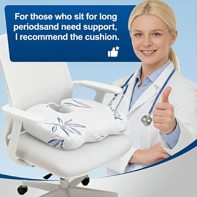 Bamboo Seat Cushion Pillow for Office Chair - Memory Foam Pad for Tailbone, Sciatica, Lower Back Pain Relief, Ergonomic and Non-Slip, Machine Washable Cover (Bamboo, Blue)