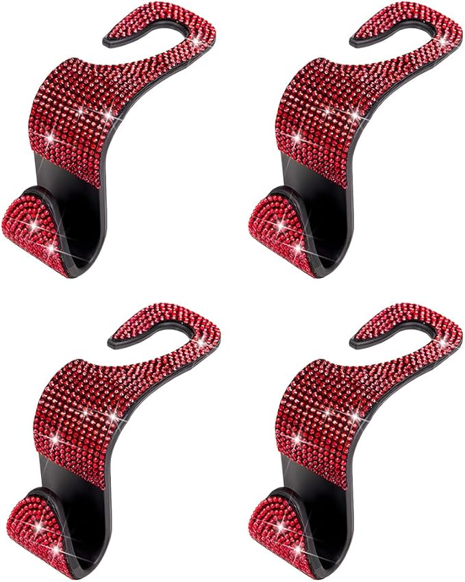 4PCS Bling Car Seat Headrest Hooks, Crystal Rhinestone Vehicle Back Seat Hanger Holder, Auto Interior Headrest Hanging Storage Organizer for Purse Handbag Coat, Universal Fit (Red)