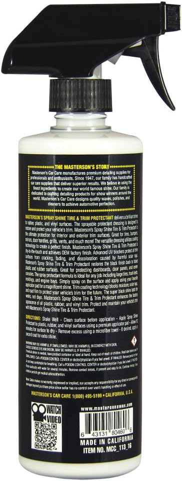 MASTERSON'S CAR CARE MCC_113_16 Spray Shine Tire & Trim Protectant - Ultra Gloss Coating for Rubber Plastic Vinyl - UV Solar Blockers Protectant Surfaces (16 oz.)