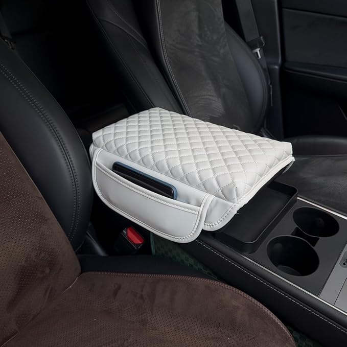 Center Console Cover for Tesla Model 3 2017-2022 2023 2024 or Model Y 2020-2022 2023 2024 Armrest Cover Cushion Pad PU Leather Armrest Seat Box Protector Accessories with Pockets Storage Bag (white)