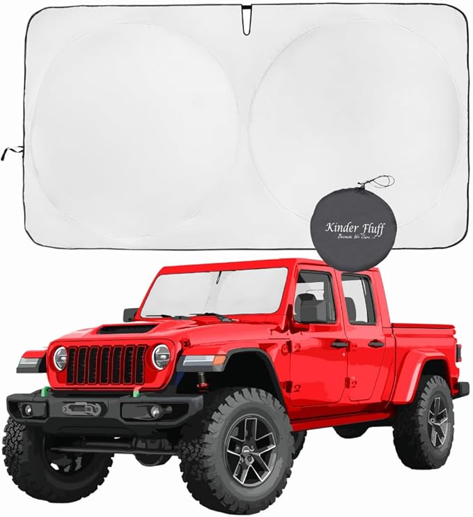 Jeep Windshield Sun Shade | fits Wrangler, Rubicon, Sahara, Gladiator, Sport S, Willys 41, High Altitude - Certified 99% UVA & UVB Lab Tested Interior Protection. Car Window Shades by Kinder Fluff