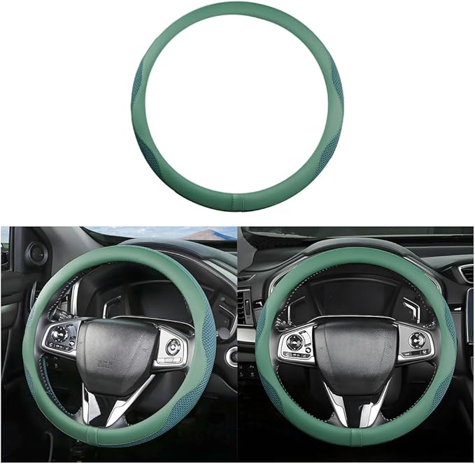 Car Steering Wheel Cover, Microfiber Breathable Ice Silk Leather Steering Wheel Cover Soft Anti-Slip Safety, 15inch Four Season Universal Fits for Most Truck,SUV,Cars (Green)