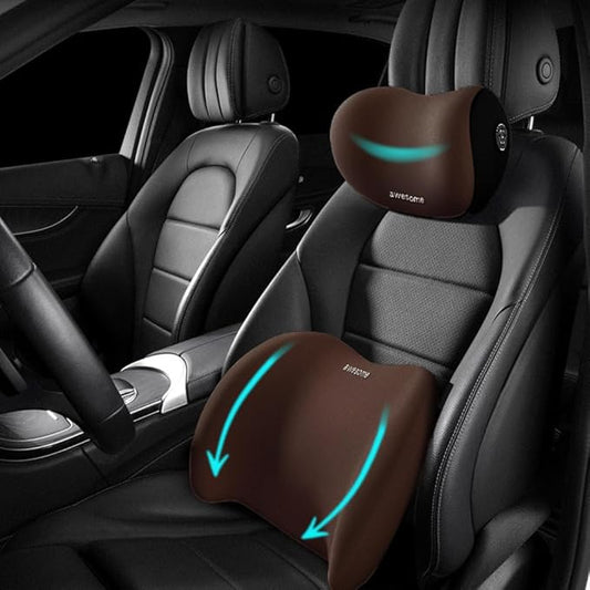 Car Lumbar Support Pillow and Car Neck Pillow Kit, Ergonomic Car Seat Headrest & Lumbar Cushion with Adjustable Strap for Neck Back Pain Relief, for Office Chair/Truck/Wheelchair (Coffee)