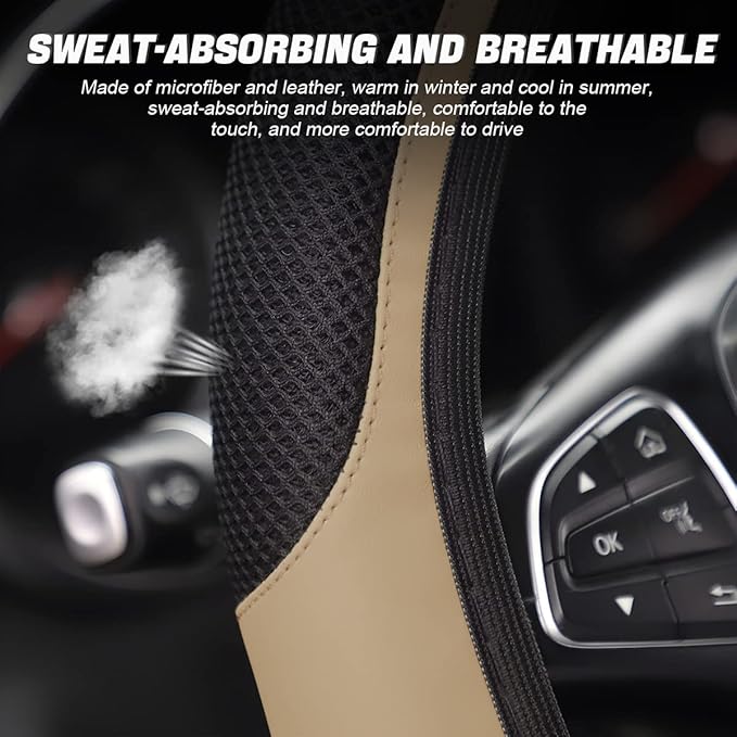 LoyaForba Car Steering Wheel Cover, Universal 14.5-15 Inch, Soft Anti-Slip Neoprene Protector for Steering Wheel, Breathable Odorless and Elastic Stretch, Car Accessory for SUV, Van, Truck (Beige)