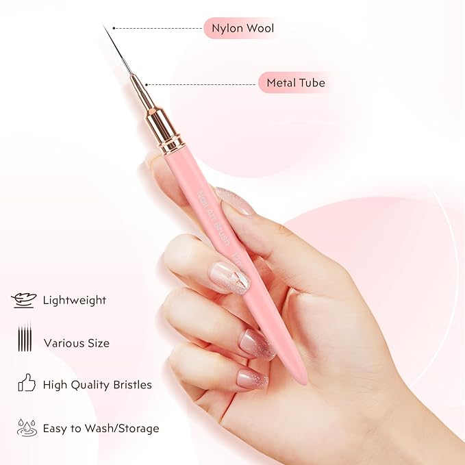 5PCS Nail Art Brushes Set with Pink Leather Case，【Metallic Material】 【Various Size】 【Light Weight】Nail Brush， Nail Brushes for Nail Art，Size：5mm,8mm,12mm,20mm,25mm, Pink