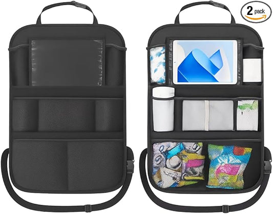 Car Backseat Organizer with 10'' Tablet Holder, Oxford Fabric Auto Seat Back Protector Kick Mats for Kids, Car Back Seat Storage Pockets Organizer, Essentials Travel Accessories for Road Trip (2PCS)