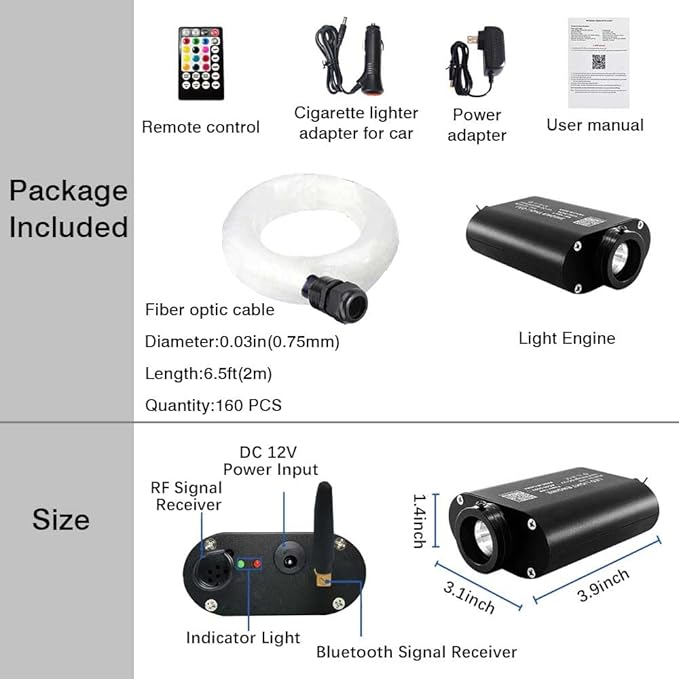 Firework 16W RGBW LED Fiber Optic Lights Star Ceiling Light Kit, Remote+APP+Music Mode Sound Sensor for Car & Home Decoration with Optical Fiber 160pcs 0.03in 6.5ft/2m