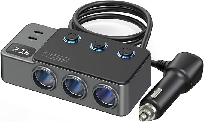 8-in-1 Car Cigarette Lighter Splitter, QC3.0 3 USB Ports & 2 Type-C PD 35W Fast & Safe Charging,3 Sockets with Independent/ Master Switches, Real-Time Voltage Display, Smart Trickle Charging, 12-24V