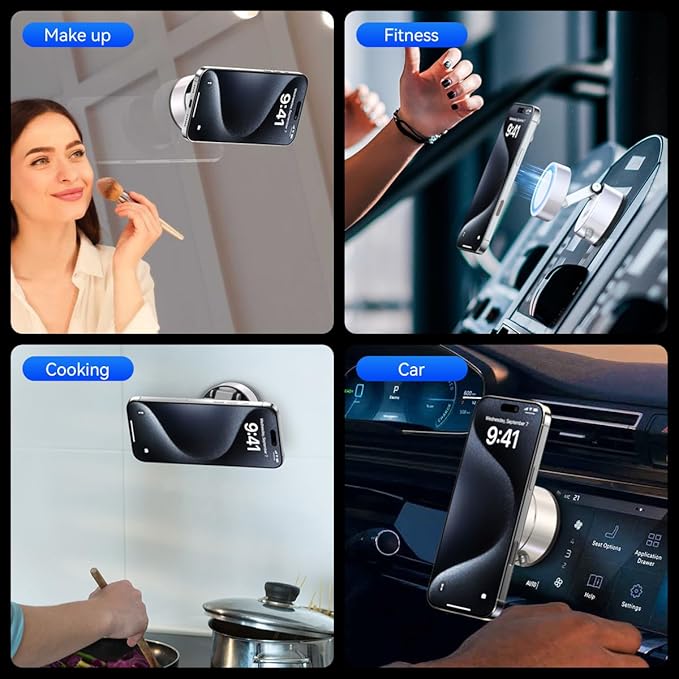 Vacuum Magnetic Suction Phone Holder,Upgraded 360° Adjustable Suction Cup Car Phone Mount,Hands-Free Cell Phone Holder for Car/Gym/Mirror/Smooth Surface,Compatible with iPhone 16/15/14/13/12 （white)