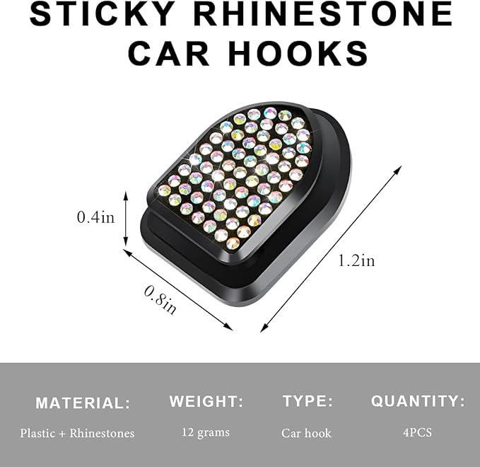 4 PCS Bling Car Mini Hooks, Cute Rhinestone Adhesive Back Seat Auto Hangers, Multifunctional Crystal Hanging Storage Hook for Vehicle Dashboard Wall Hat Coat Towel Key (Colorful)