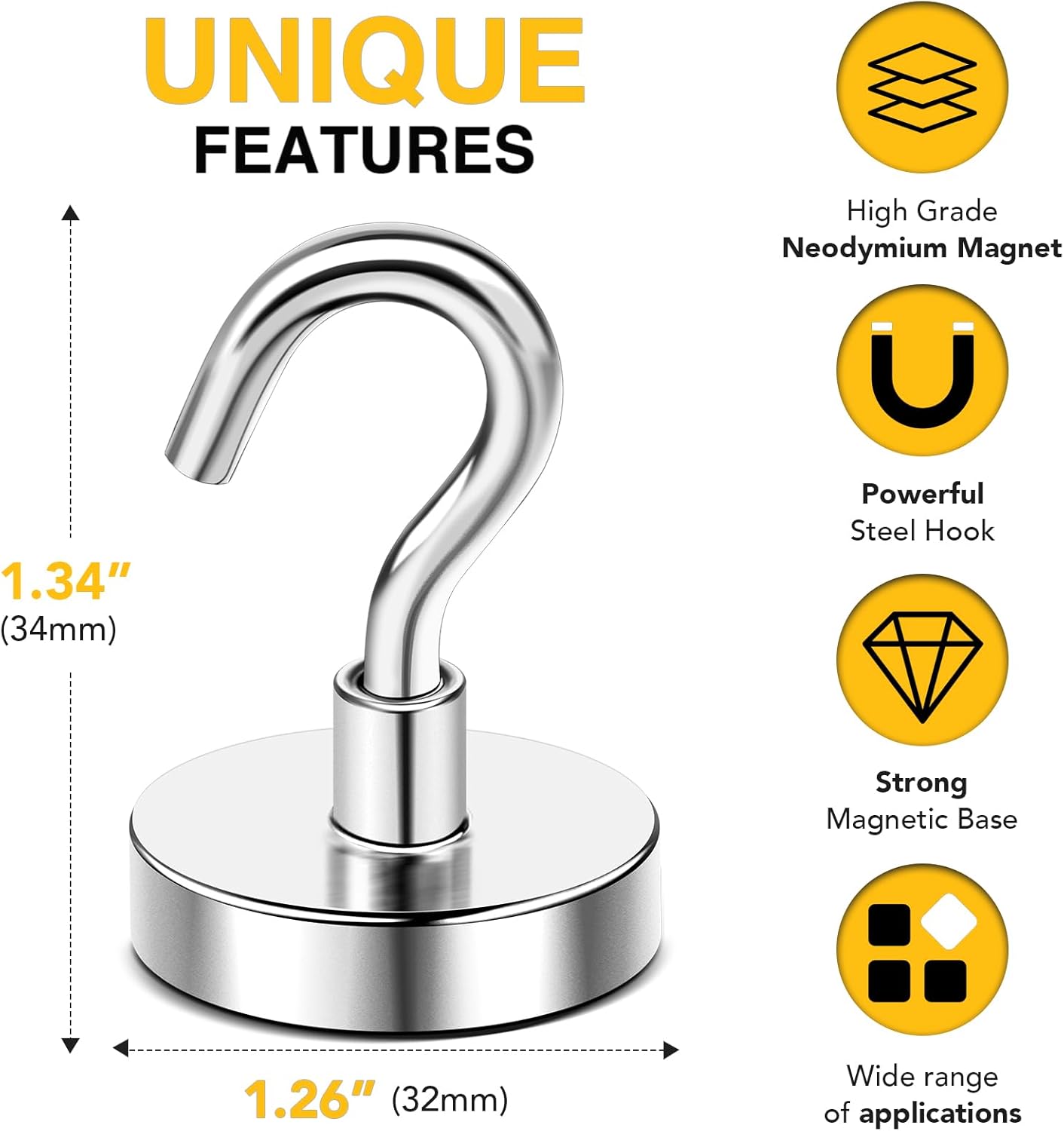 DIYMAG Magnetic Hooks,110 lb Heavy Duty Strong Magnet with Hook for Hanging Rare Earth Neodymium Magnet for Fridge Kitchen Cruise Grill Garage and Storage 12 Packs