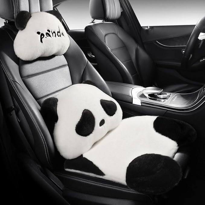 Car Seat Cushion,Lumbar Support Pillow for Car Seat,Cute Panda Cushion for Most Car, Truck, SUV, or Van Front （1 Seat Cushion,1 Pillow）