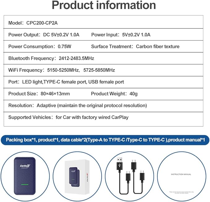 CarlinKit 4.0 CarPlay Wireless Adapter,Android Auto Wireless Dongle for OEM Wired CarPlay Cars,2026 OTA Upgrade-2 in 1,5Ghz WiFi Seamless Auto-Connect,Two Line, CPC200-CP2A for iPhone 6+/Android 11+