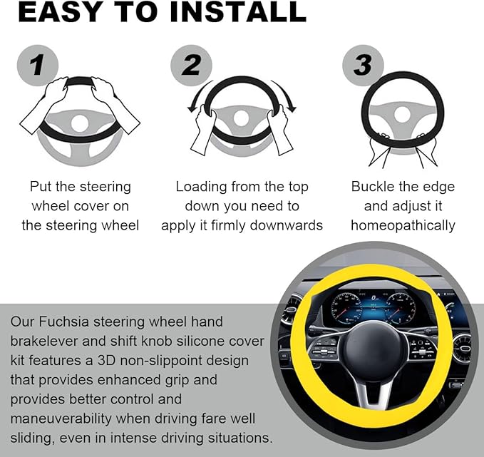 3PCS Silicone Car Steering Wheel Cover Set - Includes Car Handbrake Cover & Gear Shift Cover & Anti-Slip Steering Wheel Protector, Universal Auto Interior Decoration for Most Cars (Yellow)