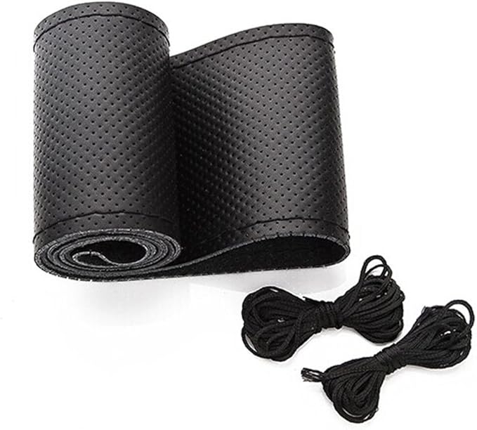 Onerbuy Universal Leather Car Steering Wheel Stitch On Wrap Cover DIY Sewing Breathable and Anti Slip, Maximum for 15-Inch Diameter Car Steering Wheel (Black)