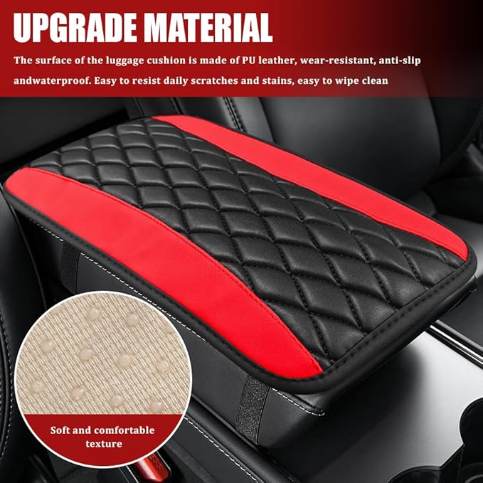 Car Center Console Cushion Pad, Armrest Cover for Car, Leather Waterproof Armrest Seat Box Cover, Auto Accessories Comfortable Arm Rest Box Cushion Pad for Most Vehicles (Red)