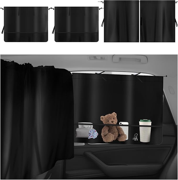 2PCS Rear Car Window Shades+1PC Car Privacy Curtains Kit,Upgraded Window Shade for Cars with 3 Mesh Storage Pockets,Summer Essentials Insulated Windows Cars Shades for Most Vehicle (Storage Pockets)