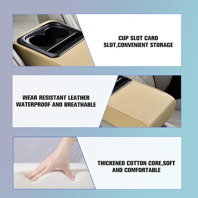Car Center Console Armrest Pillow, Vehicle Armrest Seat Box Cushion Pad with Cup Holder & Phone Holder, Comfortable Auto Middle Console Cover, Universal for SUV RV Truck (Beige)