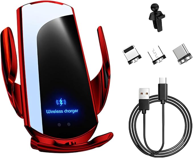 Wireless Car Charger, 15W Fast Charging Air Vent Mount Auto-Clamping Phone Holder, Automotive Electric Induction Charger 360° Rotating Magnetic Vent Mount Bracket for Smartphones (Red)