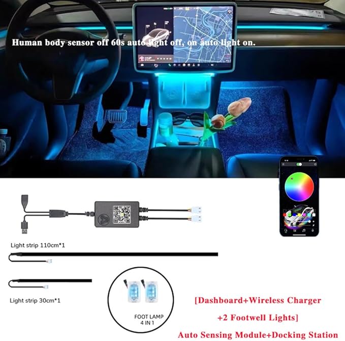 Interior Car LED Strip Lights for Tesla Model 3 Y 2021-2023, Plug-and-Play, 4 Footwell Light Ambient Light with Human Sensor, Center Console Dashboard Inside Car Lighting Decorations