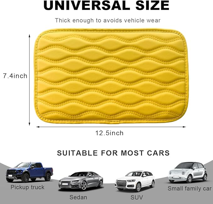 Car Center Console Cushion Pad, 12.48×7.40 Inches Waterproof Car Armrest Seat Box Cover, Comfortable PU Leather Vehicle Armrest Cover Protector, Car Decor Interior Accessories (Yellow)