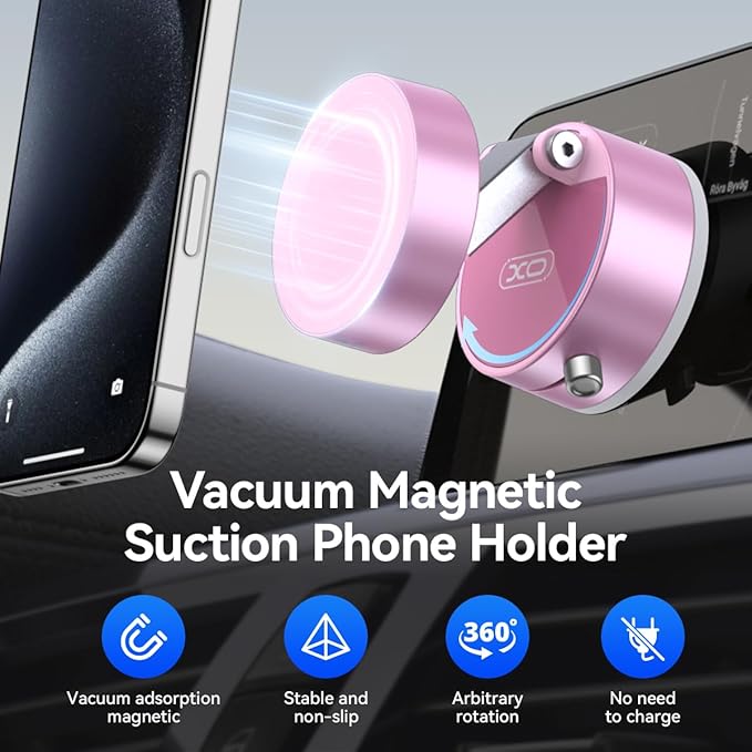Vacuum Magnetic Suction Phone Holder,Upgraded 360° Adjustable Suction Cup Car Phone Mount,Hands-Free Cell Phone Holder for Car/Gym/Mirror/Smooth Surface,Compatible with iPhone 16/15/14/13/12 （Pink)
