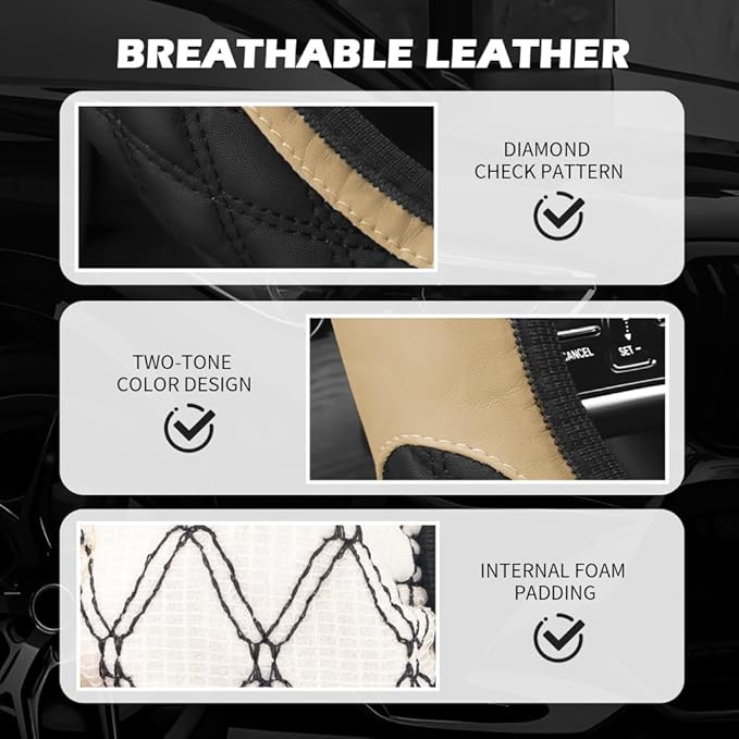 15 Inch Car Steering Wheel Covers with Double Colors,Non-Slip Leather Steering Wheel Cover for Protecting Steerings Wheels,Universal Cars Decorations Car Wheels Cover (Beige)