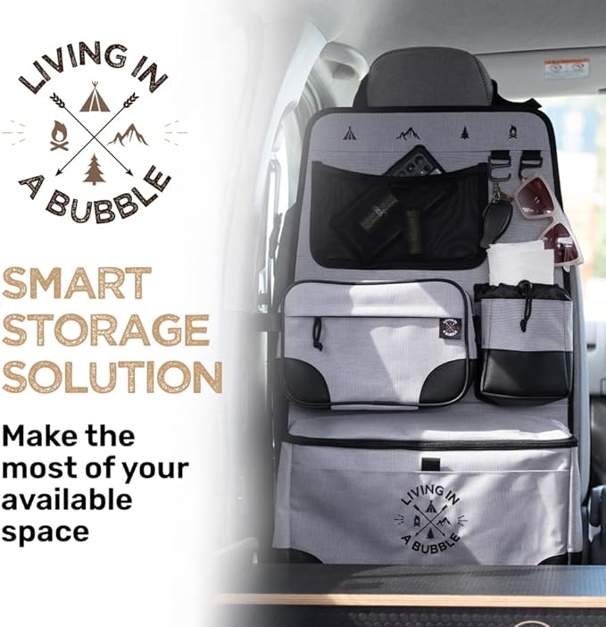 Living in a Bubble Seat back Organizer – Magnetic Toiletry and Cooler Pouch, Cordura Car Backseat Storage with Device Holder & Hooks, Multi-Compartment Utility Bag for Campervans & Family Travel