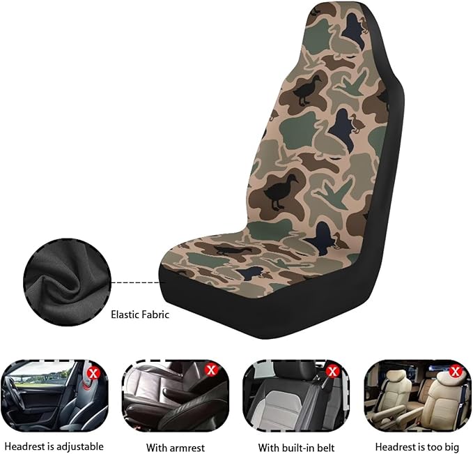 Car Front Seat Covers Elastic Fabrics Universal Duck Camo Print Car Seat Covers Protector Easy to Install Automotive Accessories Suitable for Cars, SUV and Trucks, Set of 2