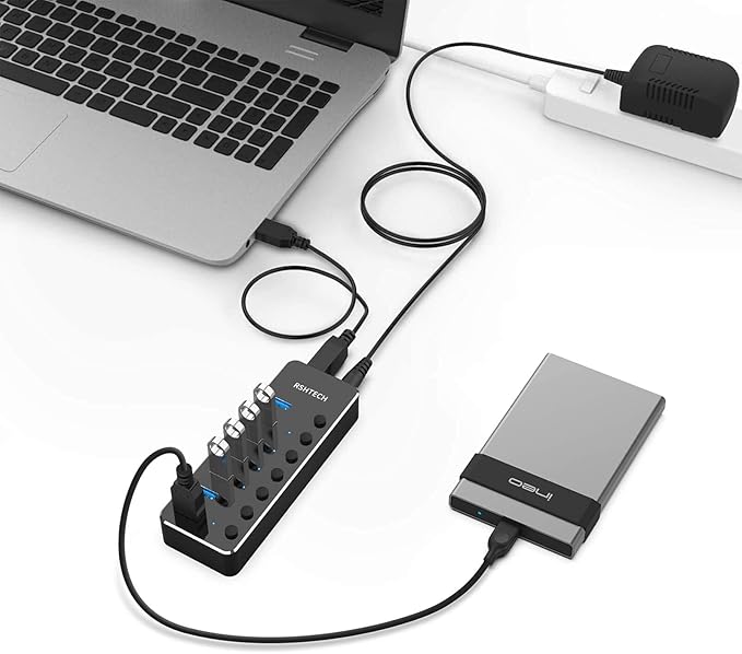 Powered USB Hub RSHTECH Type C to 7 Port USB 3.0 Data Port Hub Expander Aluminum Portable Splitter with Universal 5V AC Adapter and Individual On/Off Switches for Laptop and PC(Black)