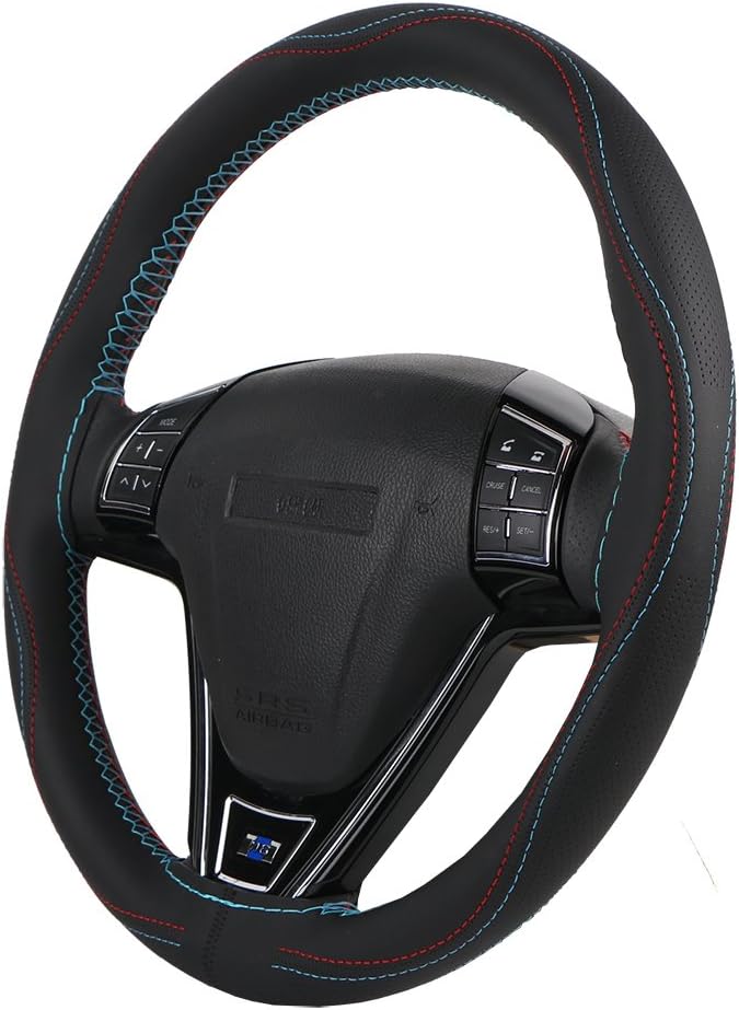 15 Inch Universal Car Steering Wheel Cover Leather (Artificial) Stitch On Wrap with Needle & Thread DIY Red and Blue Splice for BMW Etc