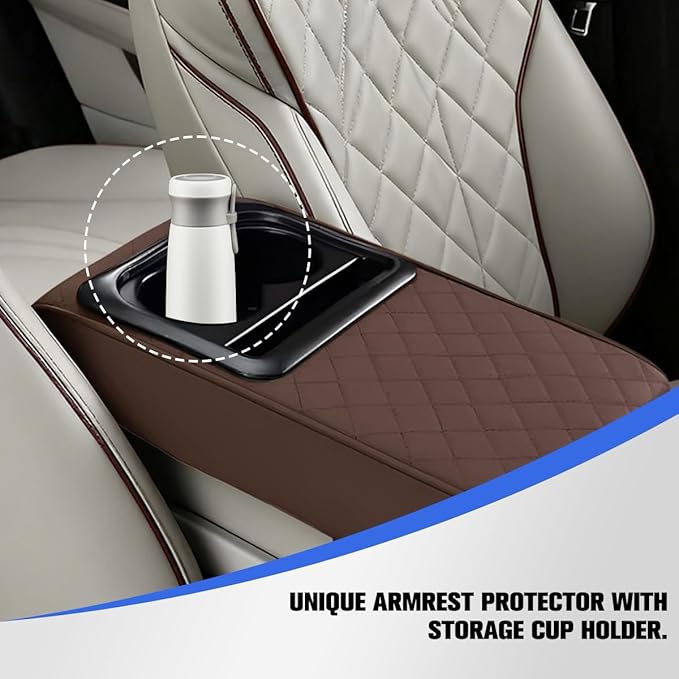 Car Center Console Armrest Pillow, Vehicle Armrest Seat Box Cushion Pad with Cup Holder & Phone Holder, Comfortable Auto Middle Console Cover, Universal for SUV RV Truck (Diamond, Coffee)