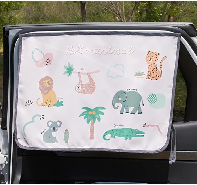 Magnetic Car Sun Shade Curtain for Side Window – Sun Blocker and UV Protector for Baby, Kids, and Pets – Universal Fit with Built-in Magnets for Steel-Framed Door (Animal Friends)