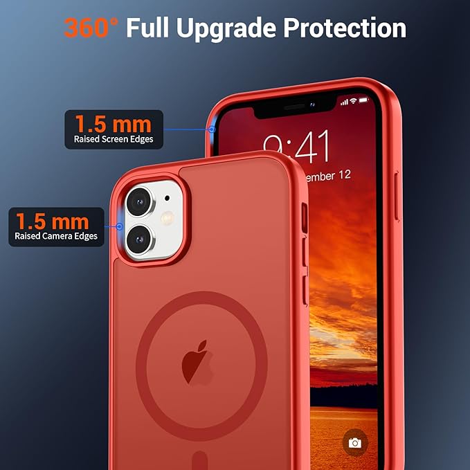 SUPFINE Magnetic for iPhone 11 Phone Case (Compatible with MagSafe) (Military Grade Drop Protection) Slim Translucent Matte Shockproof Phone Cover,Red