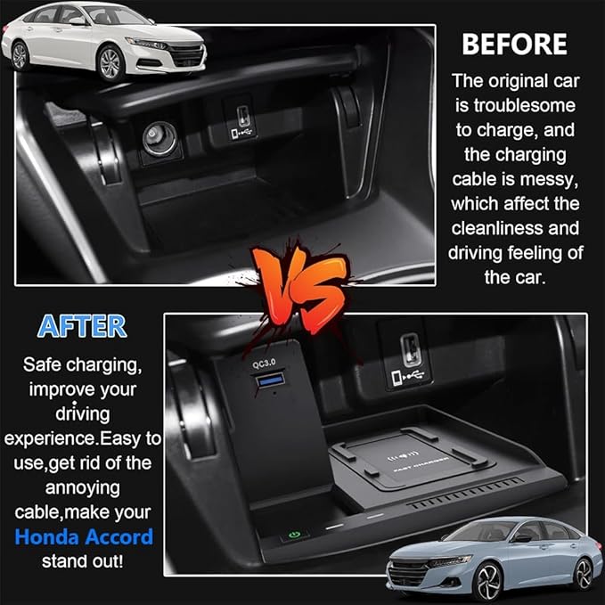 Wireless Car Charger for Honda Accord 2018 2019 2020 2021 2022, Wireless Fast Phone Charging Pad, Fit for Honda 10th Gen Accord Hybrid LX/Sport/EX/EX-L/Touring Interior Accessories Upgrades