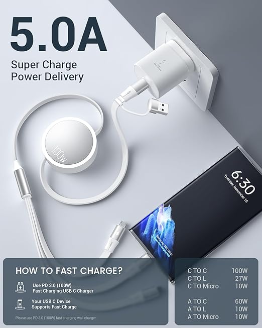 CAFELE 100W Multi Charging Cable, 6-in-1 Retractable USB C/A Cable, 5A Fast Charger Cord for Multiple Devices with Type C/L/Micro Ports for Phone 17 16 15 14 Pro Max, S24/S23, MBook, Pad (4.3ft) White