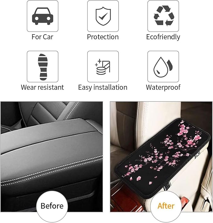 Center Console Cover Pink Floral Cherry Blossom Armrest Lid Cover Flower Arm Rest Cover Pad Middle Console Lid for Most Vehicle, SUV, Truck, Sedans, Black