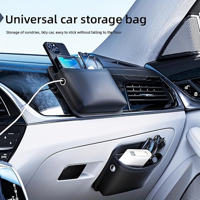 Car Seat Side Pocket Organizer - PU Leather Auto Door Console Mini Storage Bag for Keys, Phone, Sunglasses, Registration, and Documents (Black)
