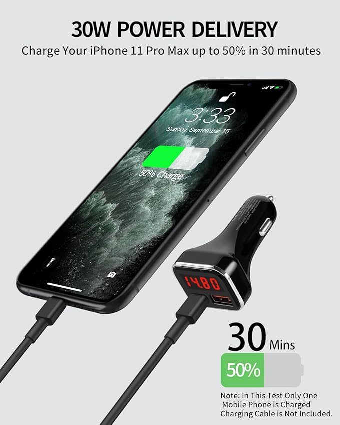 USB C Car Charger Adapter with Volt Meter, 30W Cigarette Lighter Adapter with Voltmeter, Type C Car Charger Fast Charging 12V, PD & QC 3.0 Compatible with iPhone 15 Pro Max, Samsung Galaxy S24
