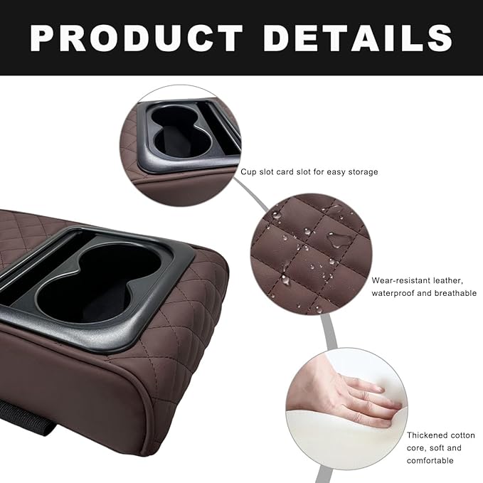 Car Center Console Armrest Pillow, 14"×8.3" Waterproof Leather Armrest Box Cover with Cup and Phone Holder, Soft Memory Foam Arm Rest Console Pad Protector for SUV Truck (Coffee, Embroidery)