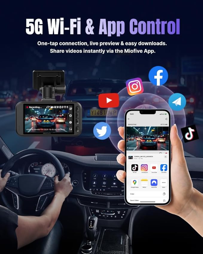 Miofive Dash Cam Front & Rear Dual Channel – Front 4K UHD + Rear 2.5K, Built-in GPS & 5GHz WiFi, 3.0″ IPS Screen, HDR & Night Vision, G-Sensor, 24-Hour Parking Mode, 32 GB Card Included