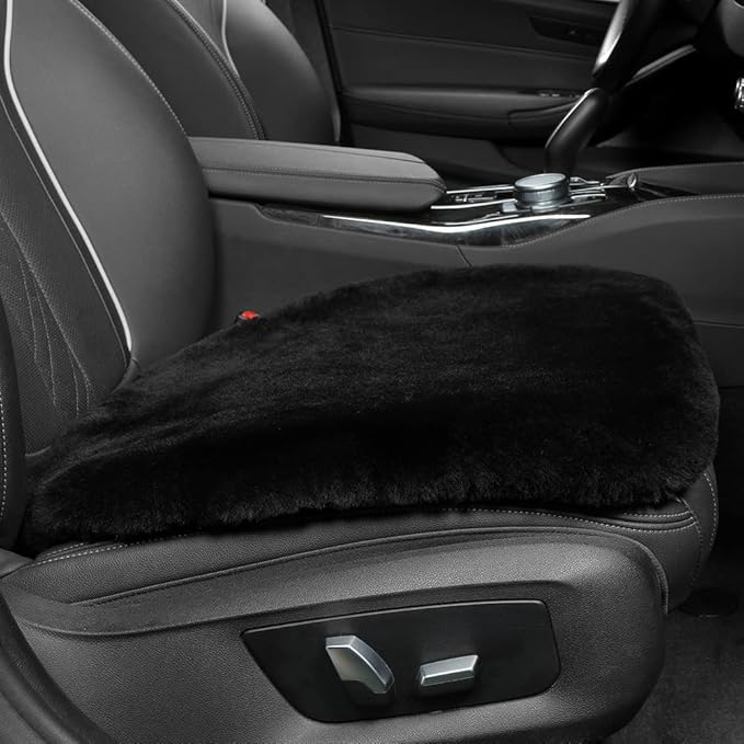 Genuine Sheepskin Auto Seat Pad, Australian Soft Wool Seat Cover Breathable and Sweat-Wicking Comfort Warm Universal Fit,19.2 inch x19.2 inch (Front seat Cushion 1pc, Black)