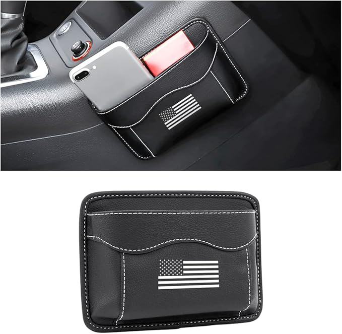 Moly Magnolia Car Seat Side Pocket Organizer, American Flag PU Leather Storage Bag, Pen Phone Holder Tray Pouch Seat Gap Filler, Interior Accessories for Auto Door Window Console (Black/Flag)