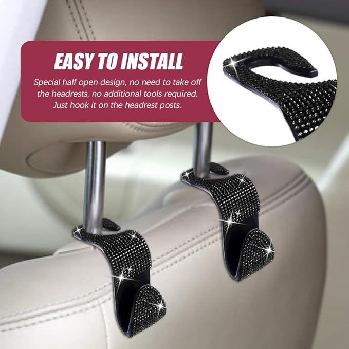 2 Pack Car Seat Headrest Hook, Bling Car Hooks Front Seat, Back Seat Organizer Hanger Storage Hook Car Purse Hook for Bags, Clothes, Coats, Grocery Bags (Black)