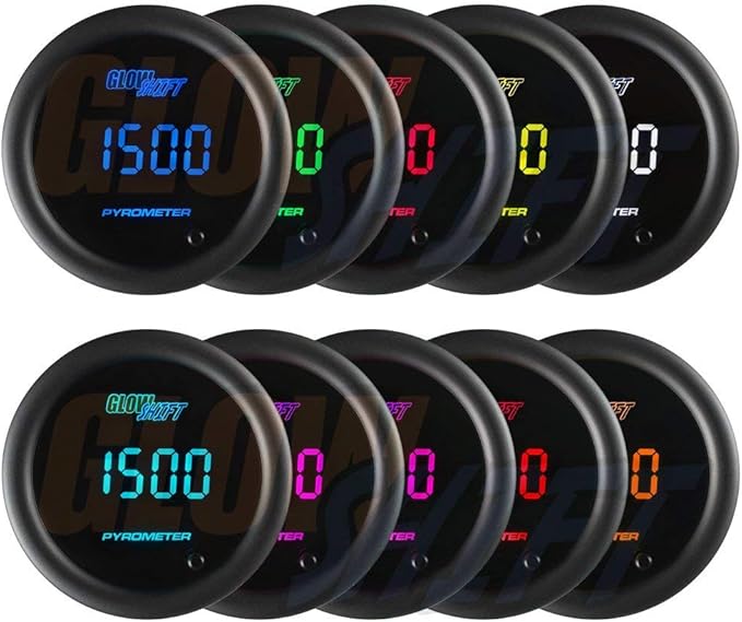 GlowShift 10 Color Digital 2200F Pyrometer Exhaust Gas Temp Gauge Kit - Includes 1/8-27 NPT Type K EGT Probe & Wiring - Multi-Color LED Display - Tinted Lens - for Car & Truck - 2-1/16" (52mm)