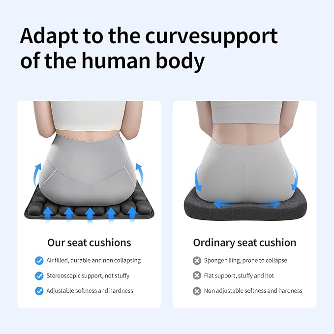 Inflatable Seat Cushion for Car - Adjustable Air Pressure Travel Cushion for Long Flights, Office Chairs, and Travel - Portable 17.7x15.7 Inches - Black