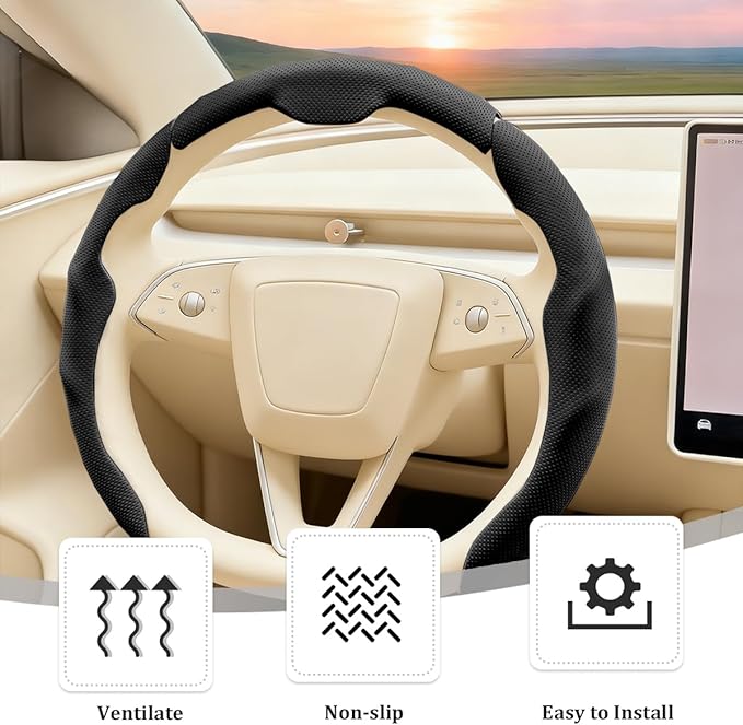 3PCS Car Steering Wheel Cover, Nappa Leather Breathable Non-Slip Segmented Steering Wheel Protector, Snap-on Auto Interior Decoration Accessories, Universal Fit (Black)