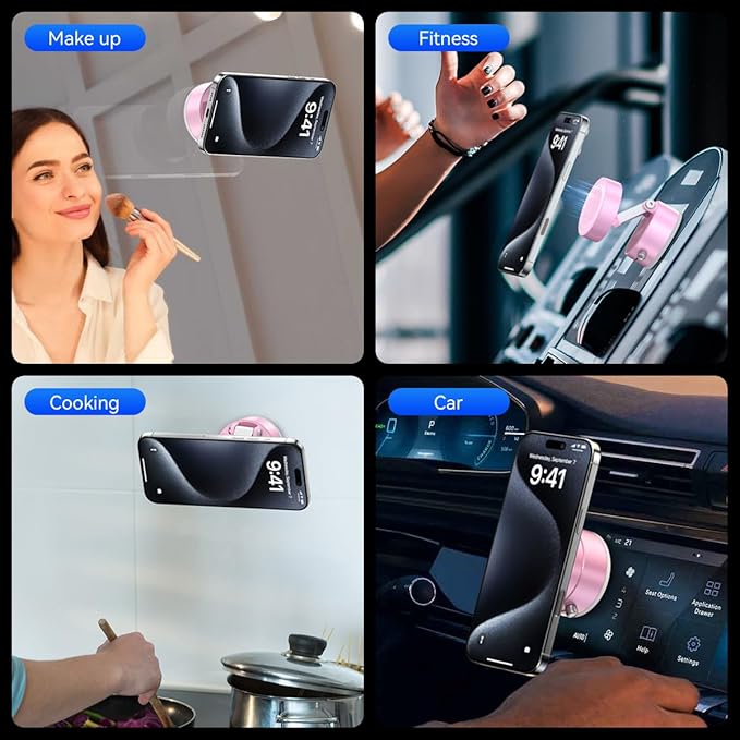 Vacuum Magnetic Suction Phone Holder,Upgraded 360° Adjustable Suction Cup Car Phone Mount,Hands-Free Cell Phone Holder for Car/Gym/Mirror/Smooth Surface,Compatible with iPhone 16/15/14/13/12 （Pink)