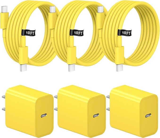 iPhone Charger Fast Charging 10FT iPhones 17 16 15 Charger 3 Pack Type C Chargers USB C Charger Compatible with iPhone Air 17/17 Plus/17 Pro/17 Pro Max/16/16 Plus/16 Pro/16 Pro Max (Yellow)