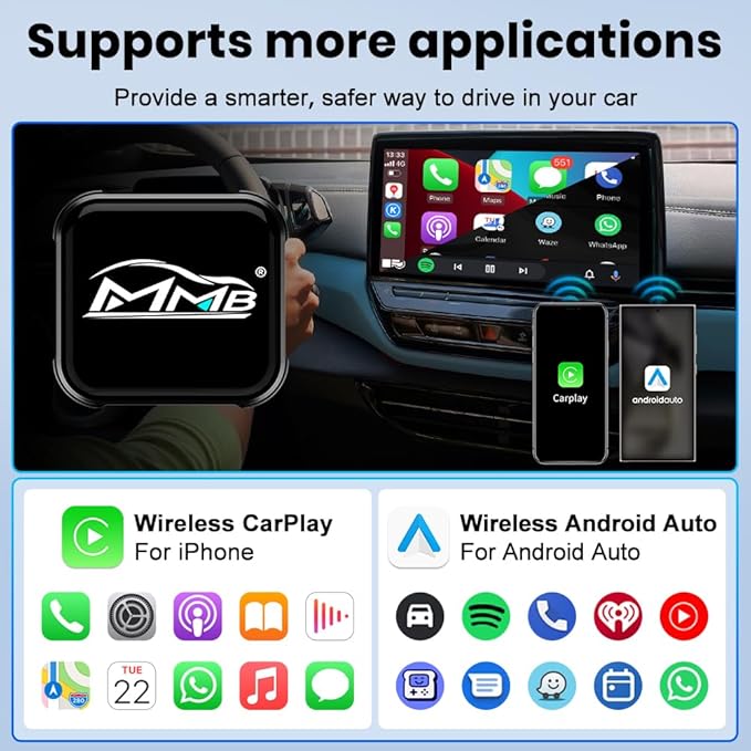 MMB Wireless CarPlay Adapter for iPhone, 2-in-1 Wireless CarPlays & Android Auto Adapter, Convert Wired to Wireless CarPlay,Plug & Play,Auto Reconnect, No Delay, USB-A/Type-C for iOS 10+ & Android 11+